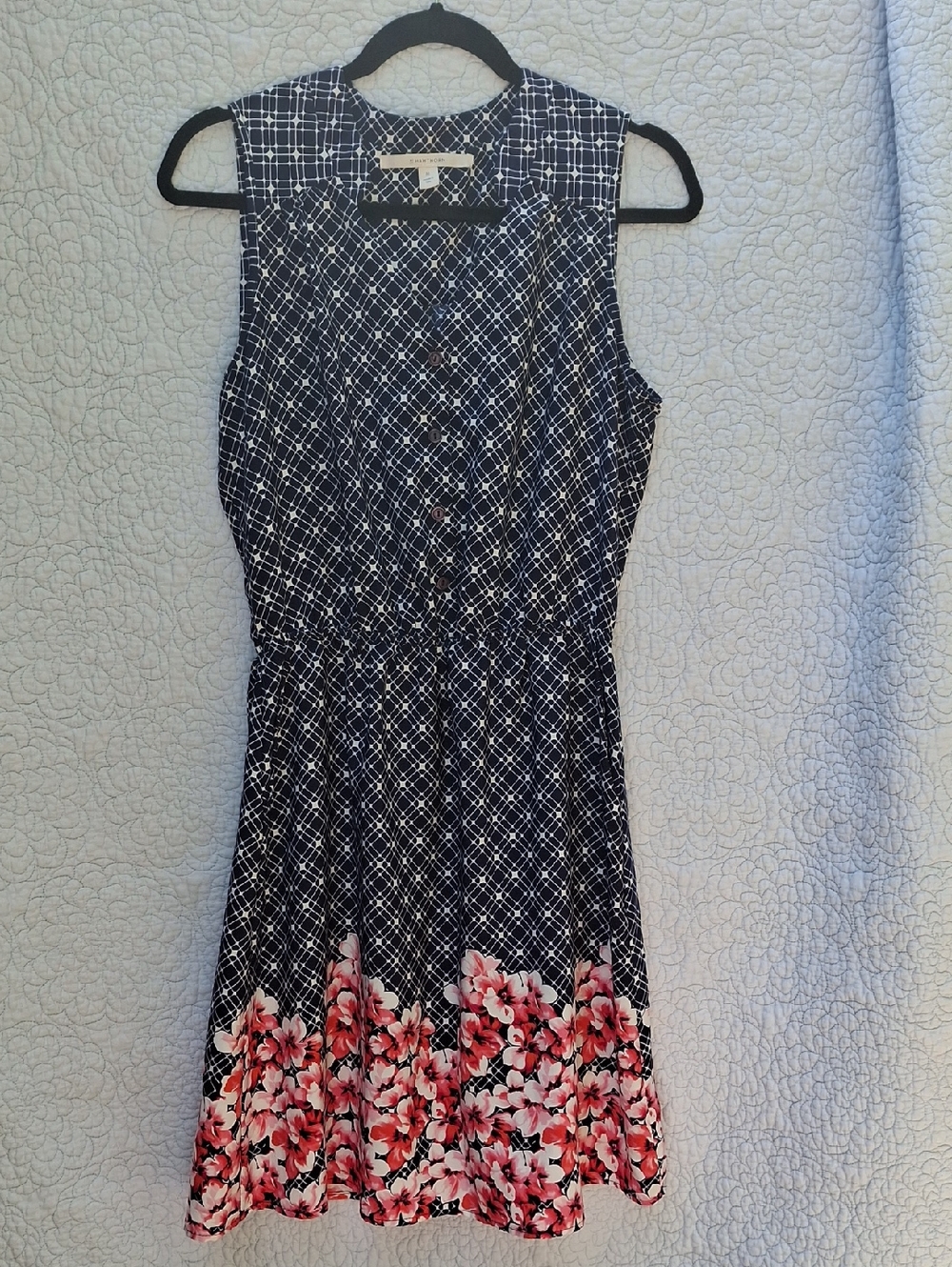 41 Hawthorn Navy Plaid Sleeveless Dress with Pink Floral Border